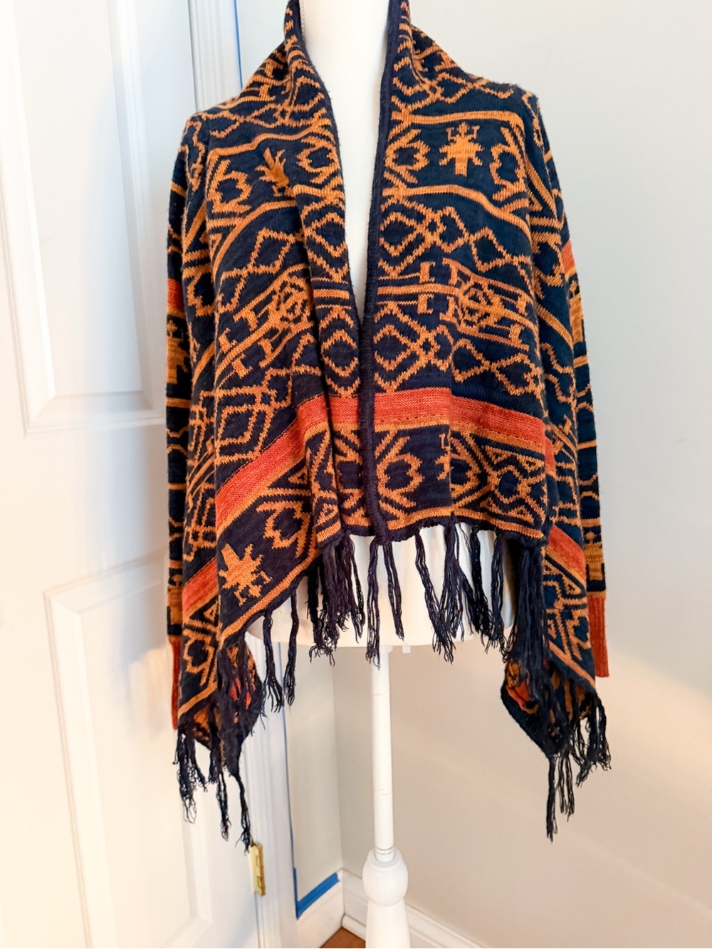 Carolina Belle Navy, Rust & Mustard Patterned Fringed Poncho
